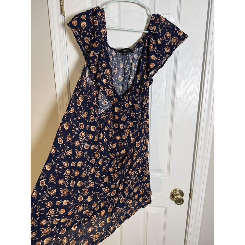 Forever 21+ Plus Size 2X Navy Floral Off Shoulder Ruffle High Low Dress Boho - Picture 11 of 12